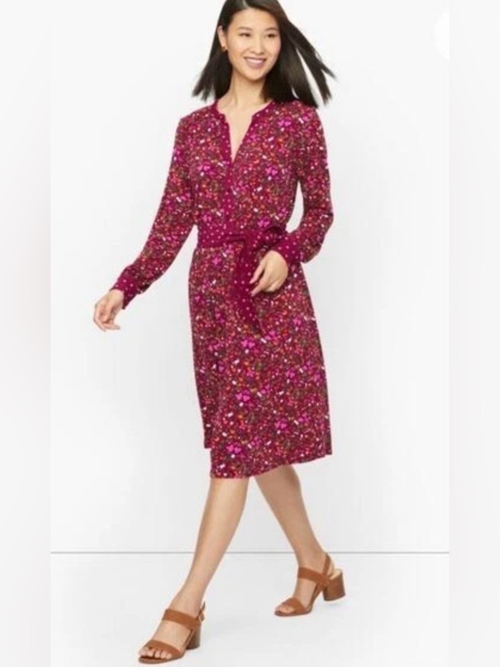 TALBOTS Floral Long Sleeve Button Front Midi Dress